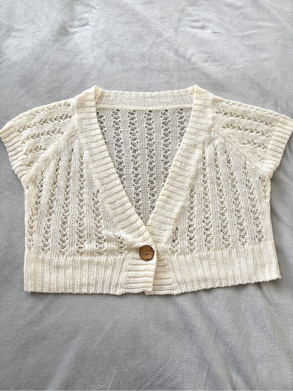 Cropped short sleeve cotton knit pointelle cardigan bolero
